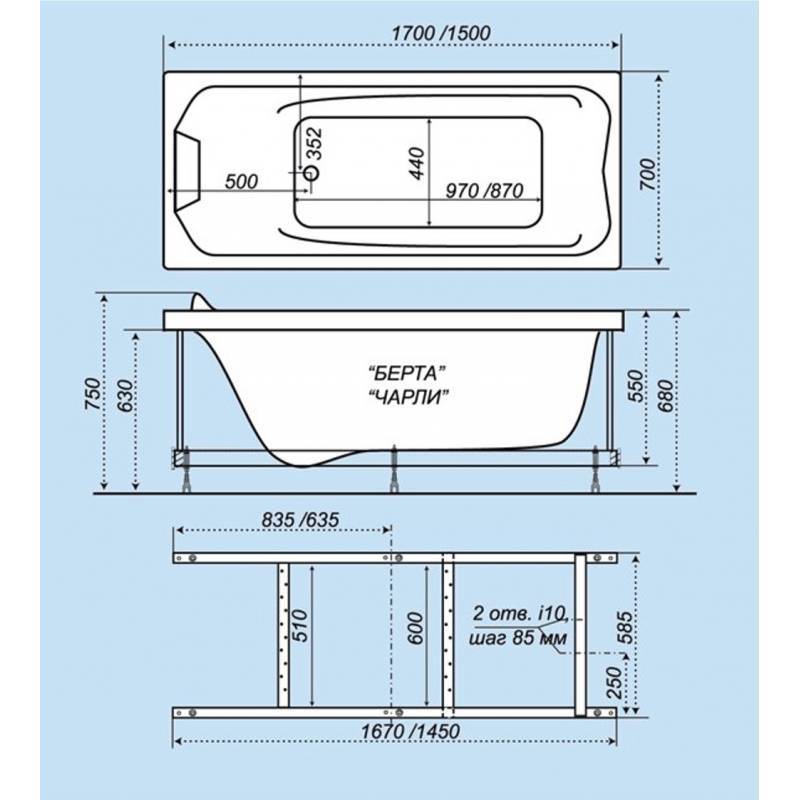 Размеры стандартной ванны и изготовленной из разных материалов