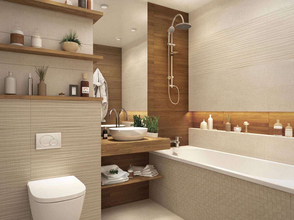 Дизайн ванной в коричнево-бежевых тонах, фото
