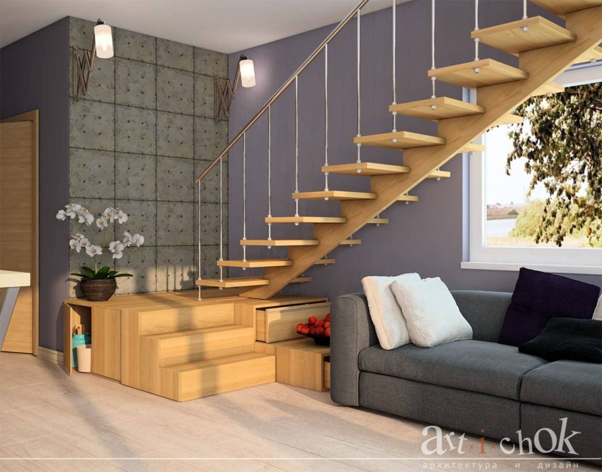 Дизайн гостиной с лестницей на второй этаж