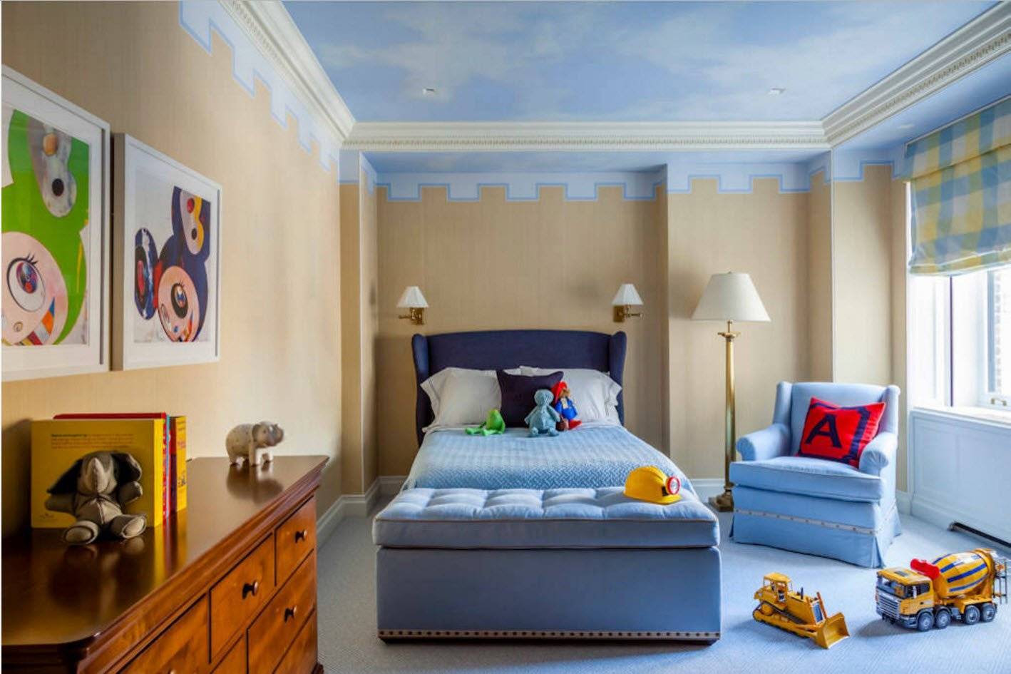 Голубой потолок в интерьере: какие стены сделать, какие обои подойдут к голубому натяжному потолку, как сочетаются, дизайн комнаты