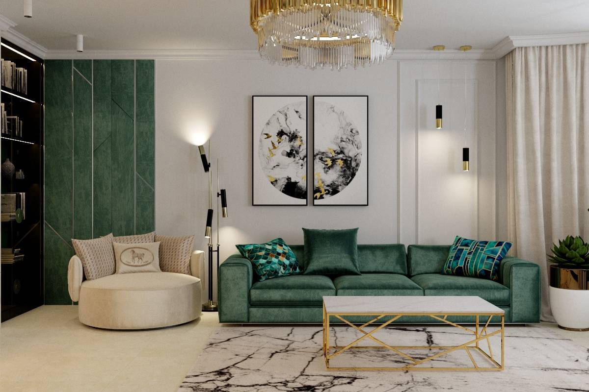 Интерьер гостиной с зеленым диваном фото