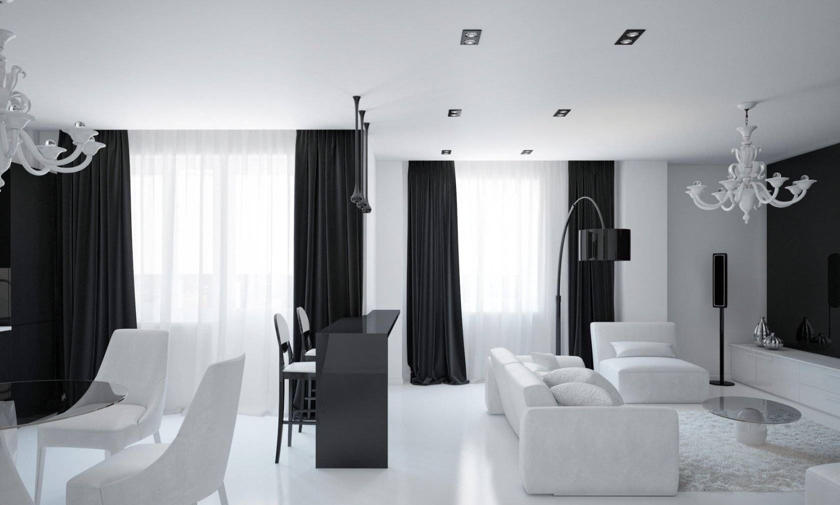 Черно белые шторы в интерьере гостиной фото