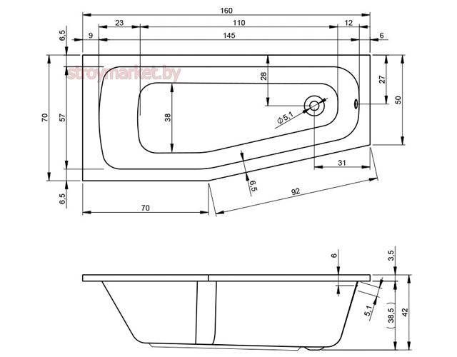 Виды асимметричных ванн и их размеры
