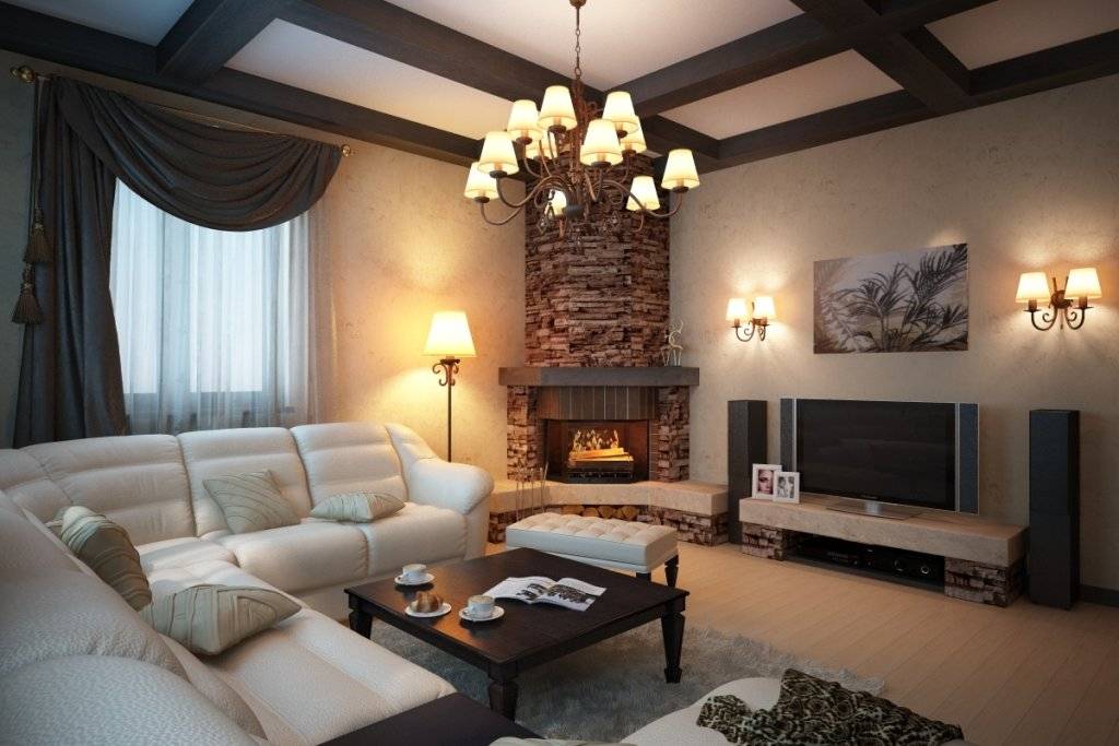Интерьер гостиной в частном доме: отделка потолка и установка камина, выбор обоев, дизайн интерьера и фото