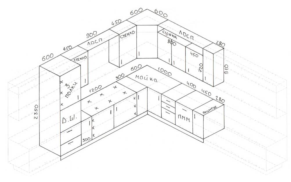 План кухонного гарнитура с размерами