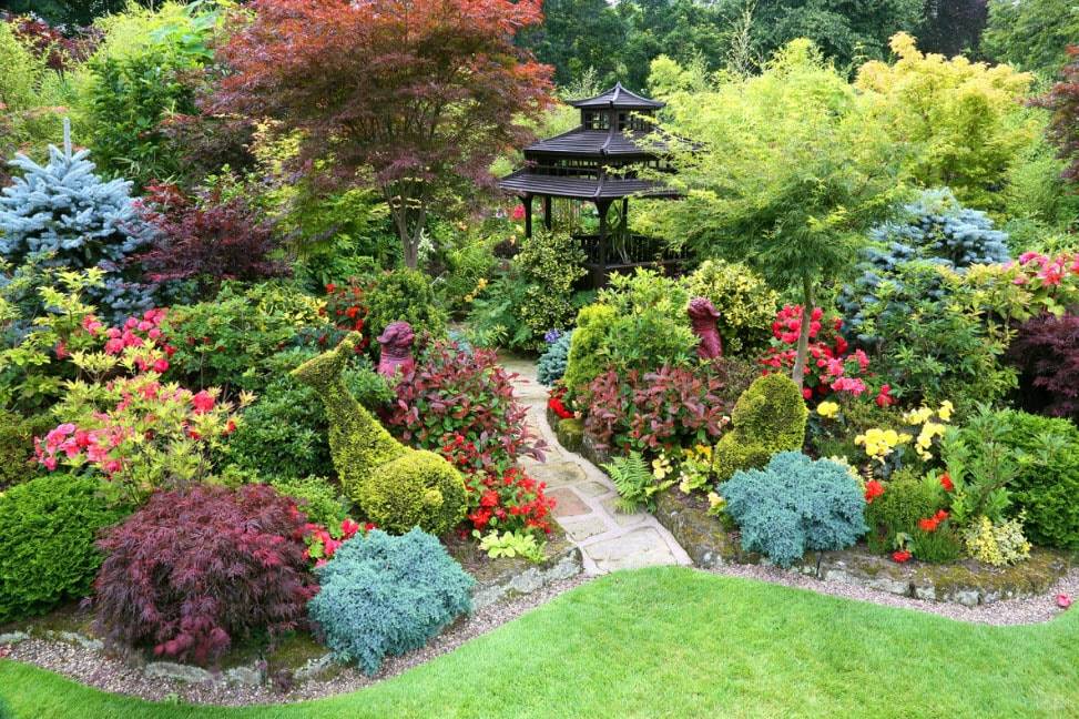 Дизайн сада с цветами и кустарниками фото