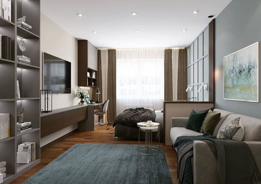 Разработка дизайна комнаты 20 метров гостиная-спальня: 6 приемов зонирования