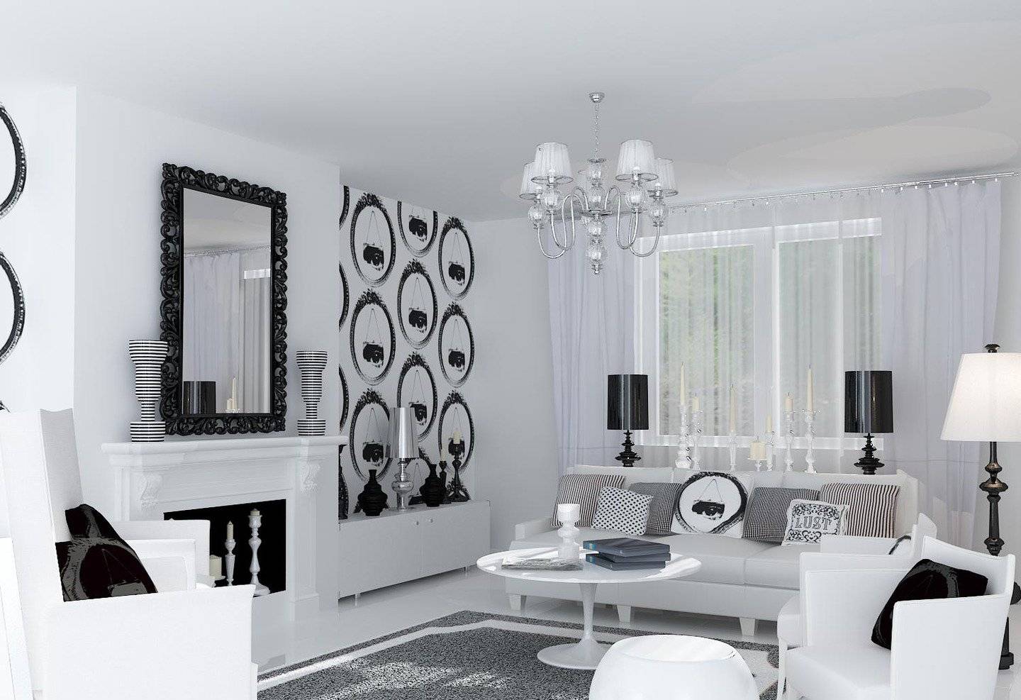 Черно-белая гостиная: оформление дизайна интерьера в помещении, фото примеров