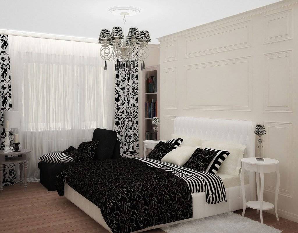 комната с черными обоями и белой мебелью