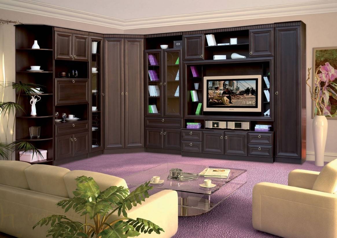 Интересные варианты стенок под телевизор для гостиной комнаты