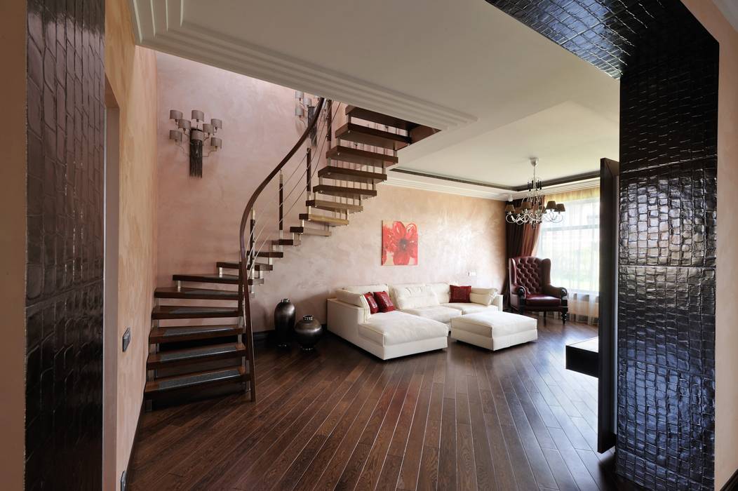 Лестница в гостиной на второй этаж: выбор конструкции, дизайн, идеи с фото