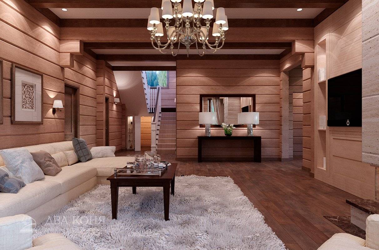 Интерьер гостиной в деревянном доме из бруса: фото дизайна совмещенных комнат