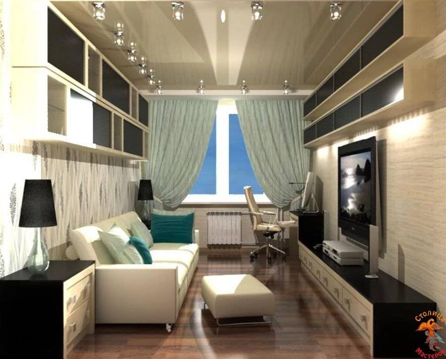 Узкая гостиная — 110 фото уютного и функционального дизайна в узкой комнате