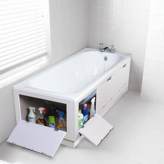 Установка экрана под ванну с откидной полочкой и ящиками: нюансы изготовления