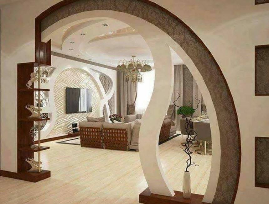 Примеры дизайна интерьера зала с арками из гипсокартона