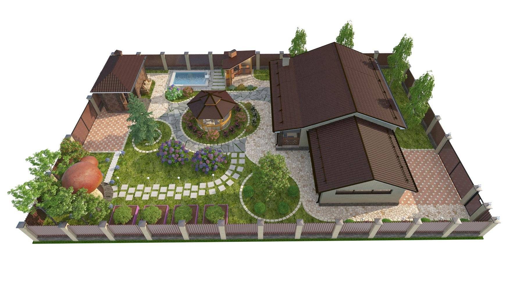 Ландшафтный дизайн дачного участка 5 соток: оформление двора загородного дома своими руками, фото и примеры декора прямоугольной территории с огородом