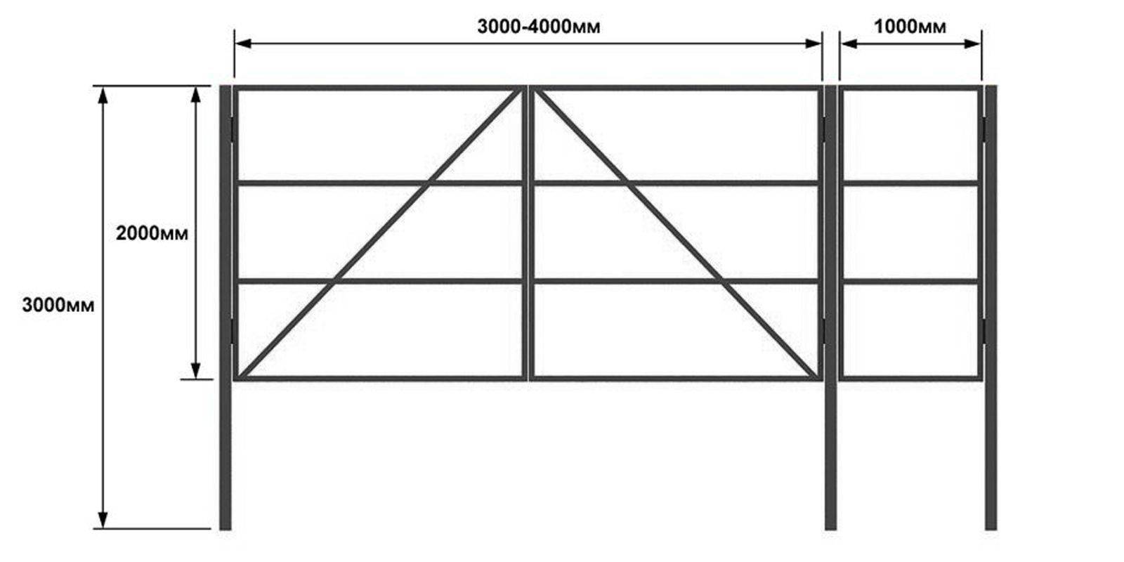 Ворота металлические распашные 4000х4300 с калиткой чертеж